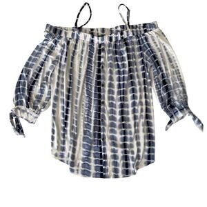 3/$21 BCX Blue and White Tye Dyed Off the Shoulders Blouse - 1X
